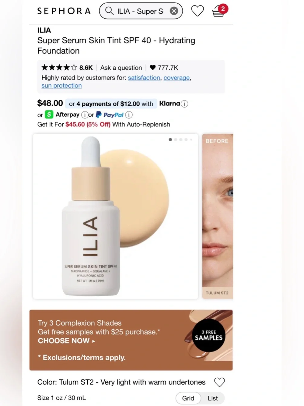 ILIA Super Serum Skin Tint SPF 40 — Cream Beige Shade